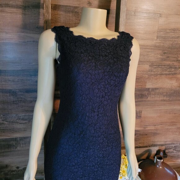 Adrianna Papell Floral Lace Sheath Dress Sz 4 Navy Ethereal Coquette Feminine - Picture 2 of 10